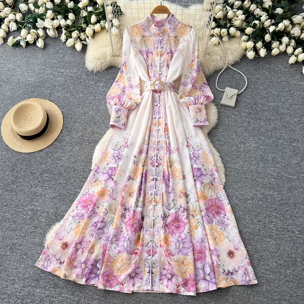 

Blossom Series Spring Clothing Women 2026 New Style High-End Printed Belt Slim-Fitting Long French Lantern Sleeve Maxi Dress