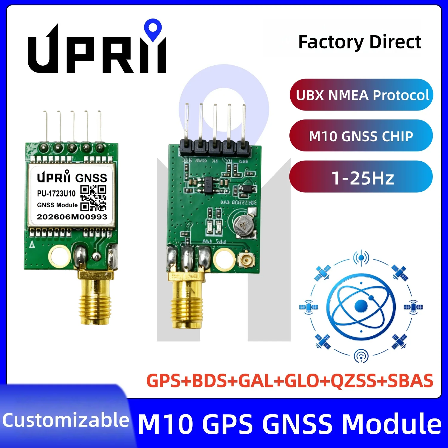 PU-1723 UBX-M10050-KB GPS GNSS Module with Active Antenna, GPS Galileo GLONASS BeiDou QZSS SBAS Receiver, UBX NMEA Protocol