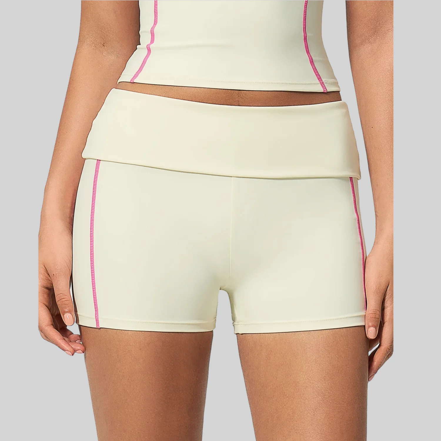 Fold Over Waistband Shorts Women Low Rise Color Block Piping Yoga Running Gym Workout Booty Shorts Activewear Seamless