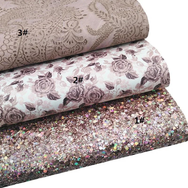 Fogli di pelle glitterata oro rosa fiori stampati in pelle sintetica diamante strutturato Glitter per fogli artigianali fai da te Mini rotoli W390