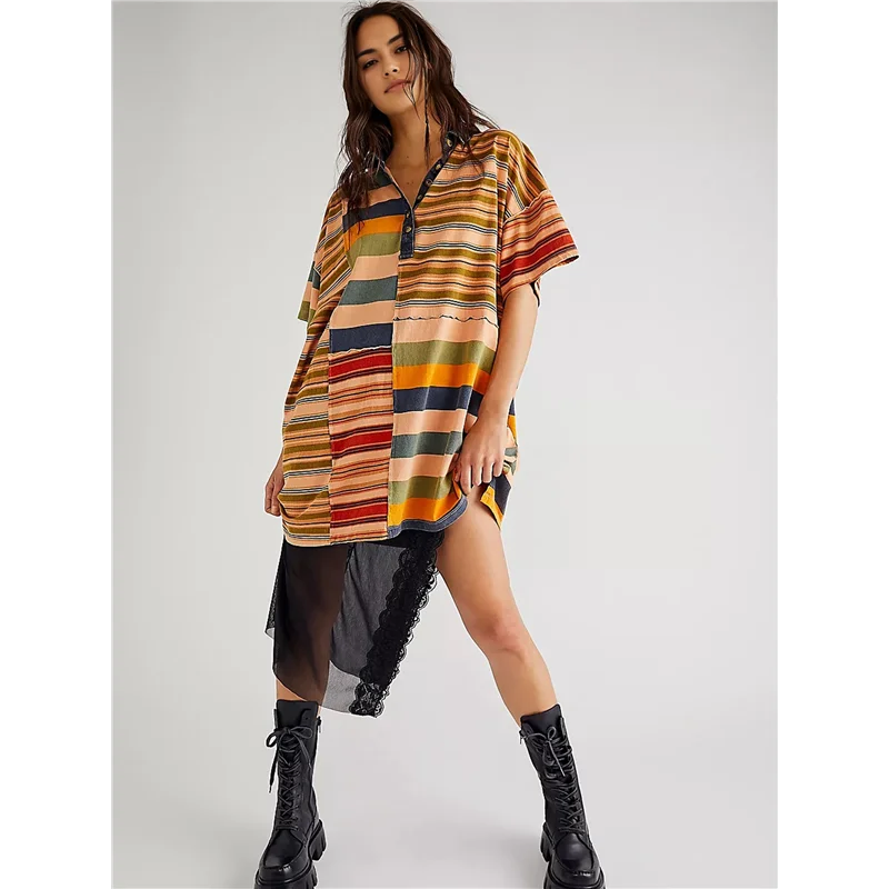 AOAO-Women Contrast Striped Babydoll Y2k Summer Patchwork T- Shirt Dress Vintage V Neck Short Sleeve Dress