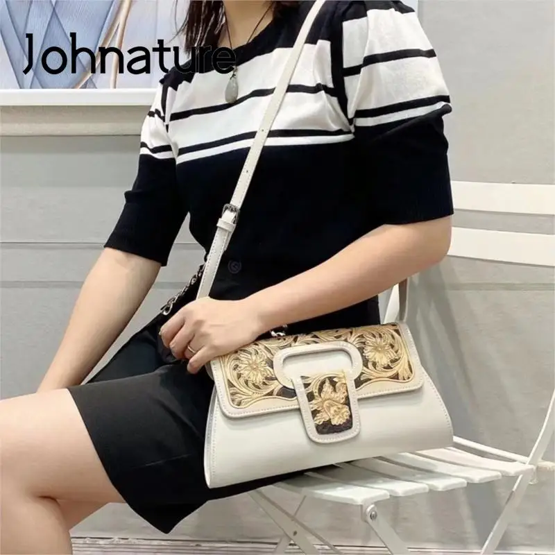 

Johnature 2024 New Retro Women Bag Chinese Style Leather Carving Versatile Floral Portable Leisure Shoulder & Crossbody Bags