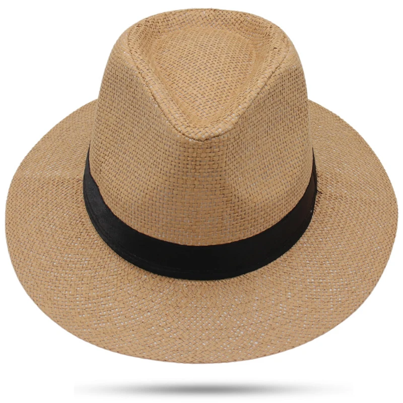 Vintage Men Panama Hats Summer Straw Caps Solid Color Casual Jazz Hat Top Hat Women Beach Sun Hats Anti-UV Wide Brim Cap 57-62cm