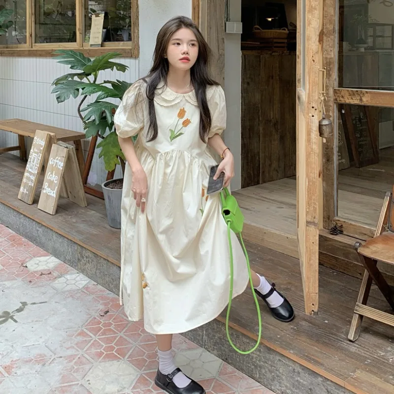 Japanese Sweet Lolita Dresses Women Summer Vintage Floral Embroidery Peter Pan Collar Dress Korean Preppy High Waist Vestidos