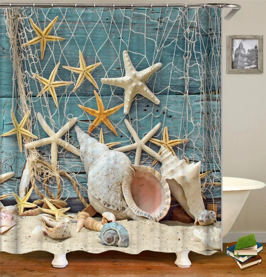 Bath Curtain Sea Beach Shell Starfish Shower Curtains 180*180cm Waterproof Bathroom Home Washable Fabric Bath Screen 12 Hooks