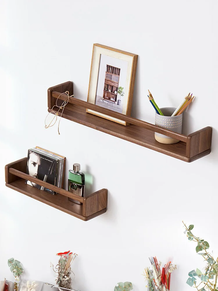 

Wall-mounted wooden book and magazine rack for living room, wall-mounted walnut wood storage shelf