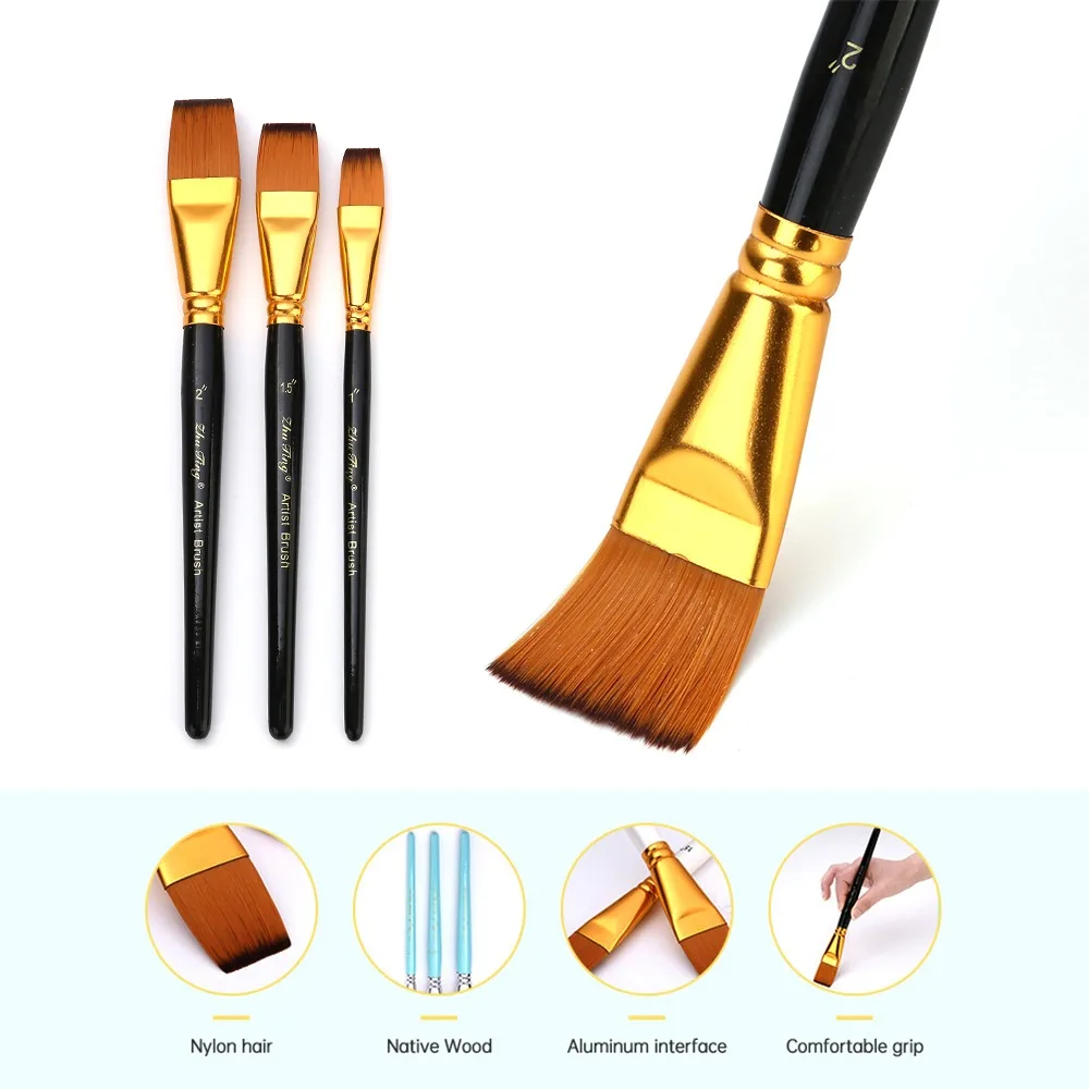 3Pcs Nylon Hair Paint Brush Set Short Handle Flat Shape Flat Paintbrush Wooden Handle Practical Paint Brushes Oil Painting