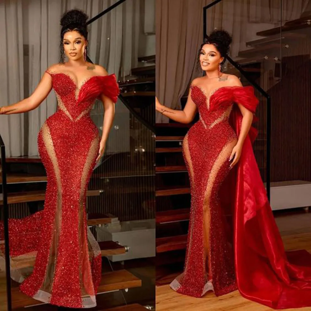 Sparkly Red Sequined Prom Dresses Sexy See Through Off The Shoulder Mermaid Evening Gowns Sweep Train African Women Formal Wear