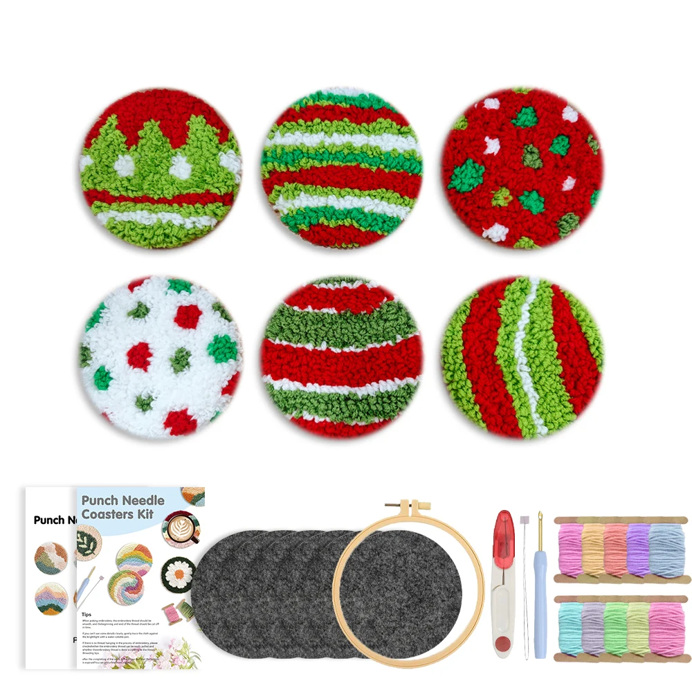 GATYZTORY DIY Punch Needle Untersetzer Kit 6 Stück Weihnachtsmuster DIY Punch Needle Stickerei Set Handgefertigte Untersetzer Kunst Einzigartiges Geschenk