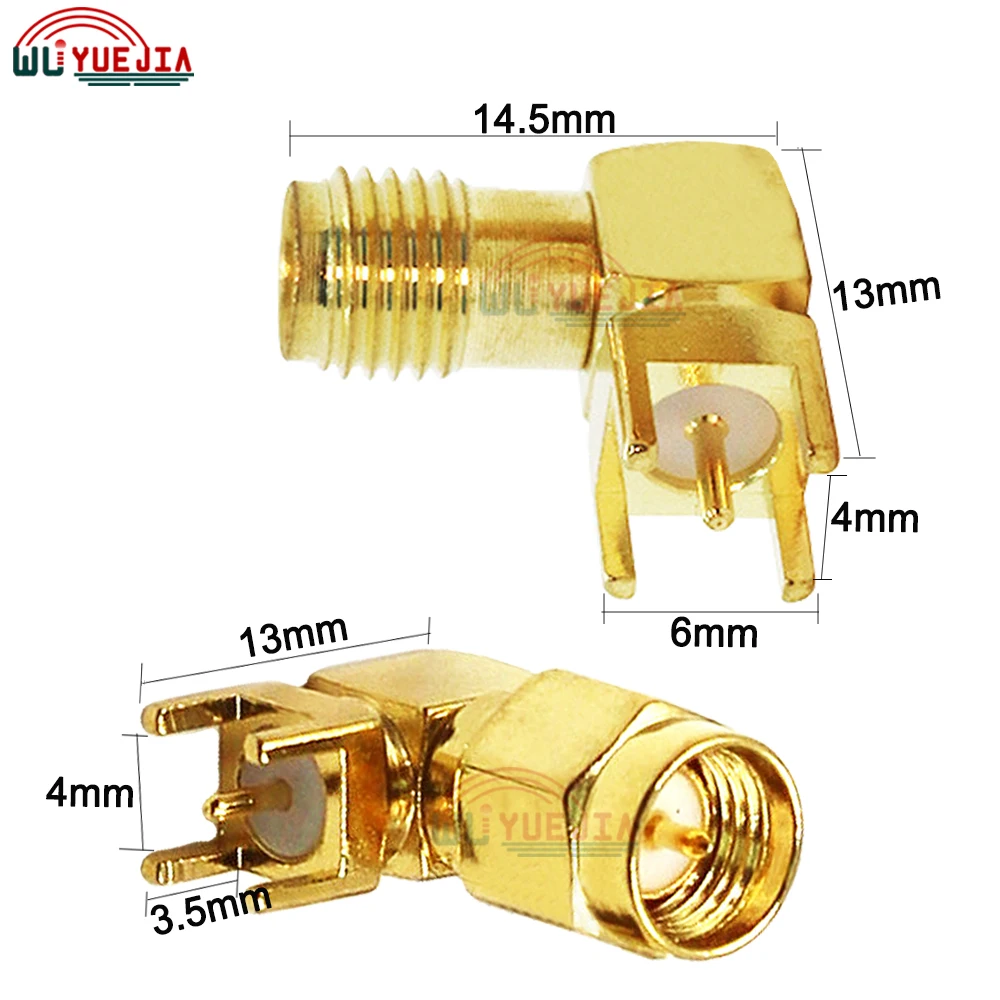 Banhado a ouro Latão SMA Fêmea Jack macho, adaptador RF, borda de solda, PCB, ângulo reto reto, conector de montagem, soquete, 5pcs por lote