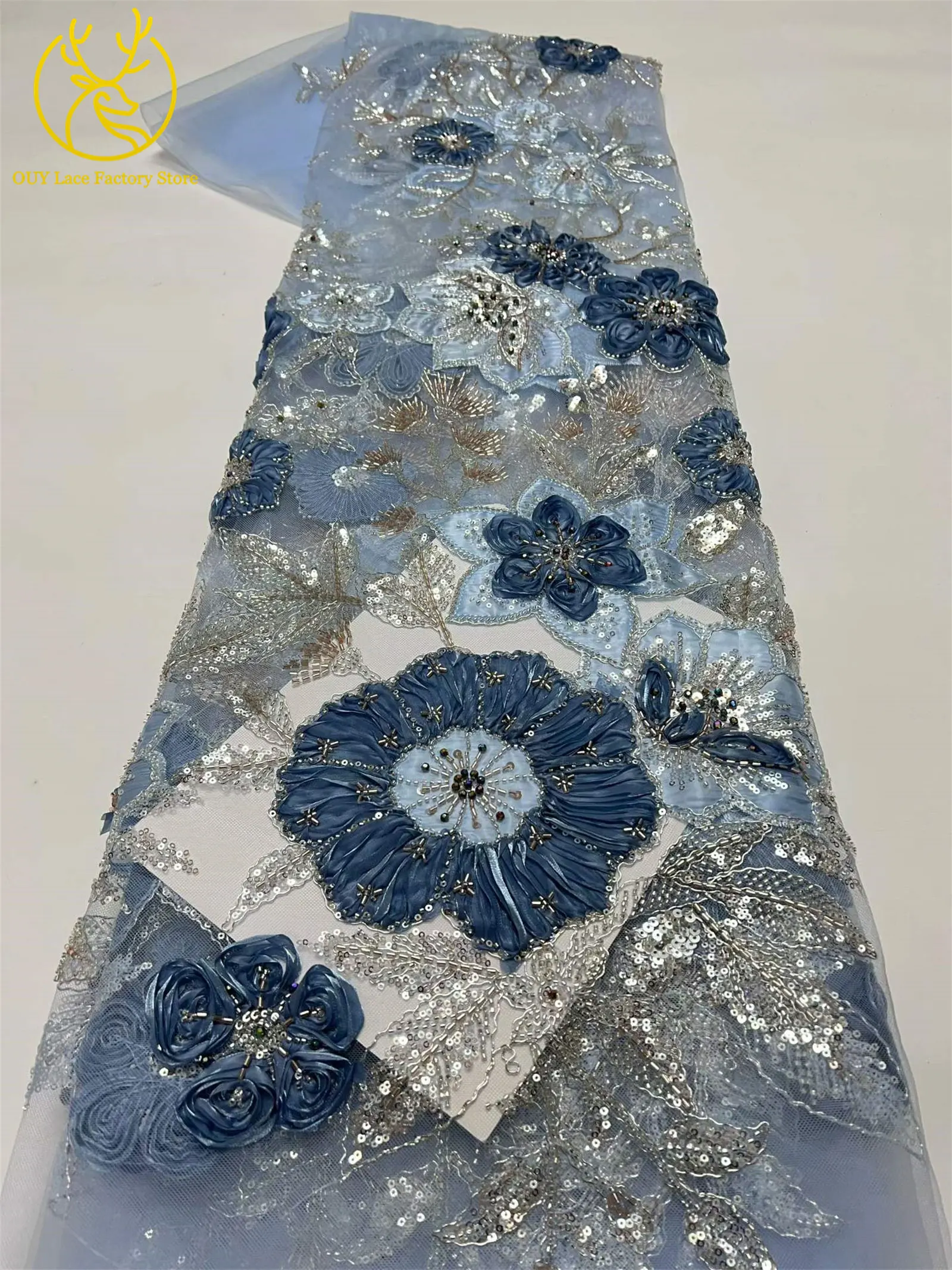 Modische 3D-Blumenstickerei Pailletten Tüll-Mesh-Spitze 2026 Nigerianische Perlen-Mesh-Spitze für Braut-Hochzeitskleider und Partykleider zum Nähen – Detail 20
