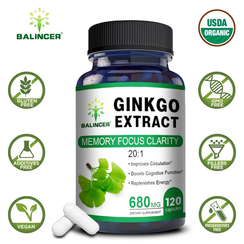 Ginkgo Biloba 680mg Extra Capsules, Memory Clarity, Focus Cognitive Brain Support, Antioxidant, Enhanced Energy, Non-GMO Vegan