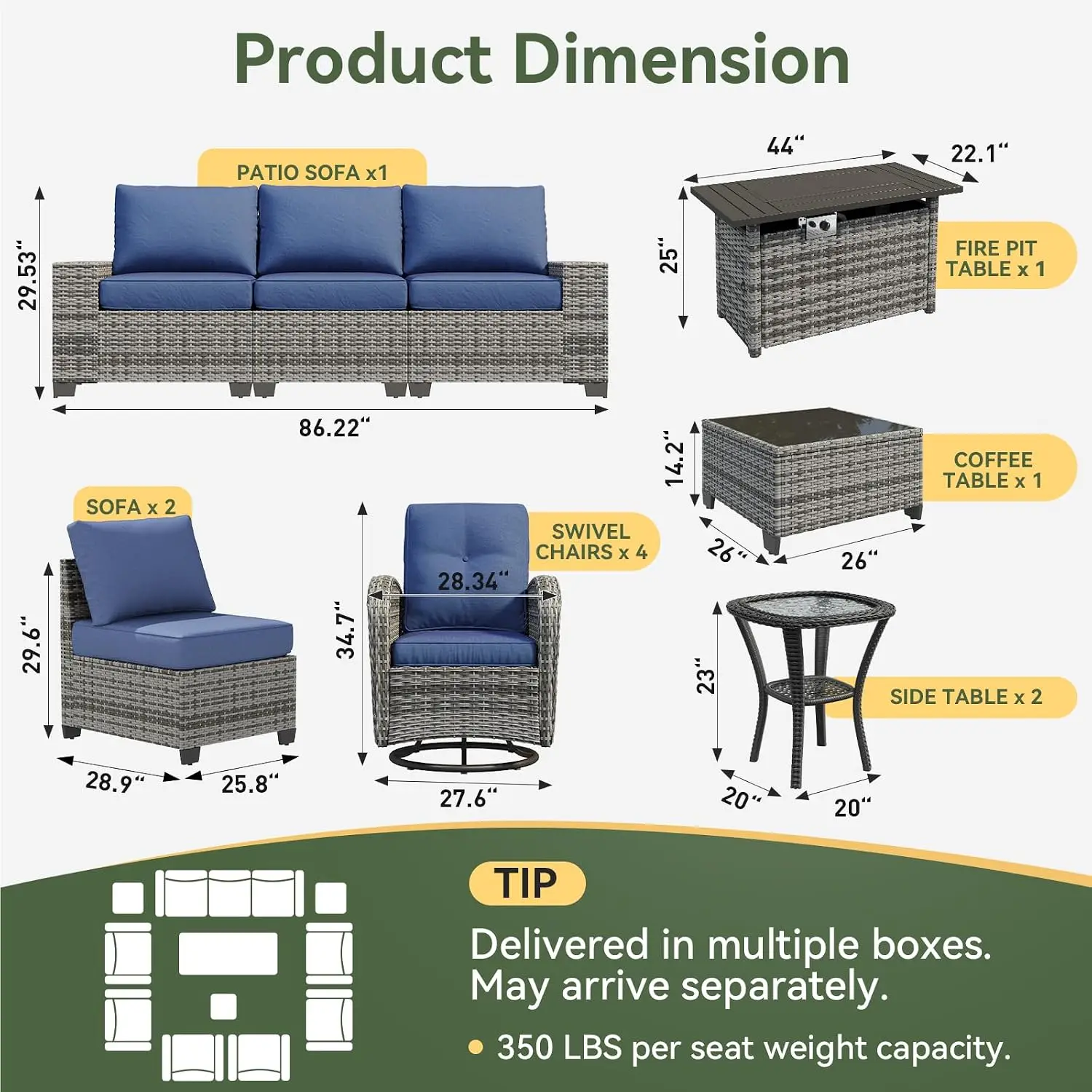 13-Piece Widen Armrests Patio Furniture Set with 44
