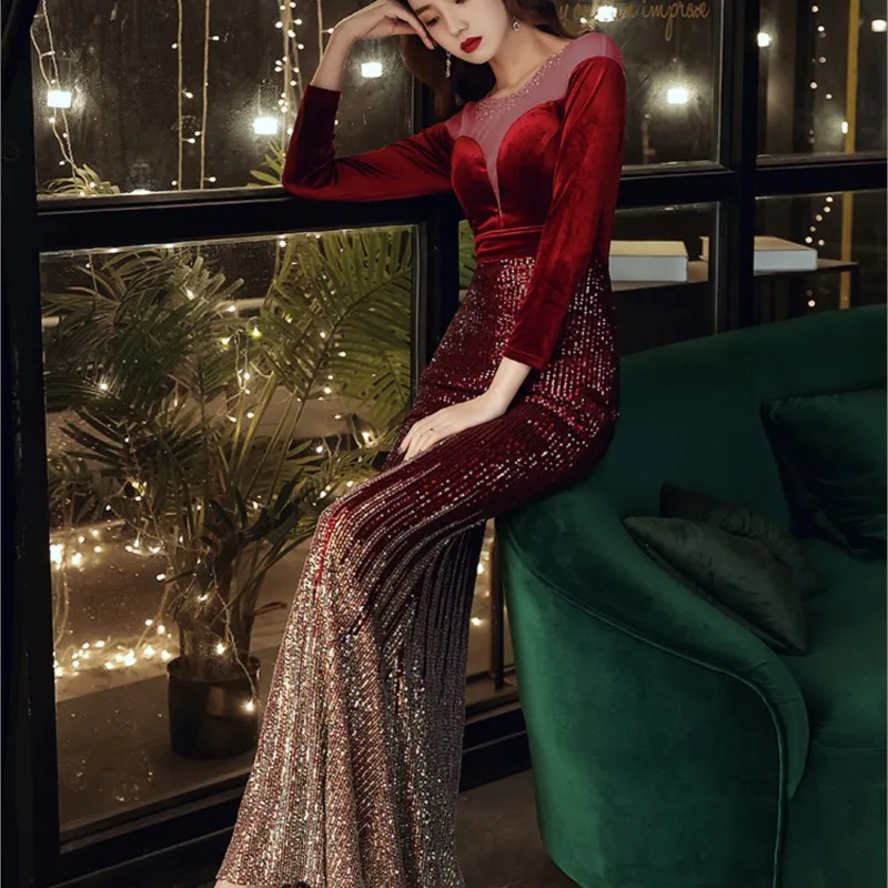 

Long sleeved heavy banquet temperament host will red fishtail dress