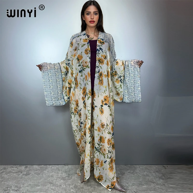 

WINYI bohemian kimono cardigan beachwear print dress abaya dubai luxury cover-ups beach outfits women maxi coat muslim Caftan