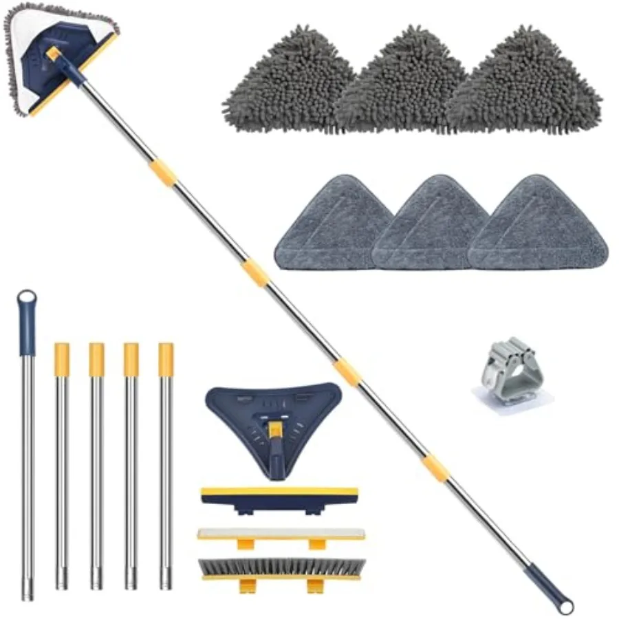 

Wall Cleaner Mop with Long Handle, 5-in-1 Walls Cleaner Mops with 6 Replacement Microfiber Chenille Pads, Squeegee, Scrubber fo