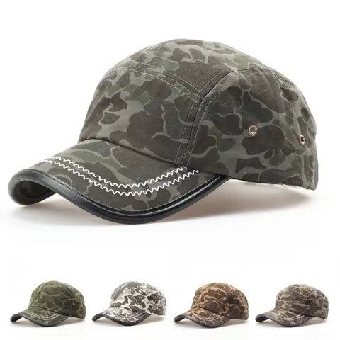 Vintage American-style camouflage baseball cap with leather trim, unisex workwear style five-panel duckbill cap,  sun hat
