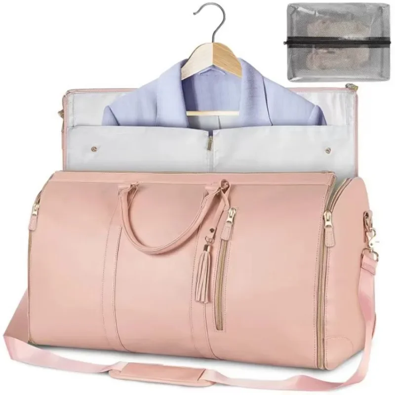 Carry-on Garment Bag Foldable PU Leather Women's Travel Convenient Carry-on Clothing Bags Hanging Suit Convertible Duffel Bag