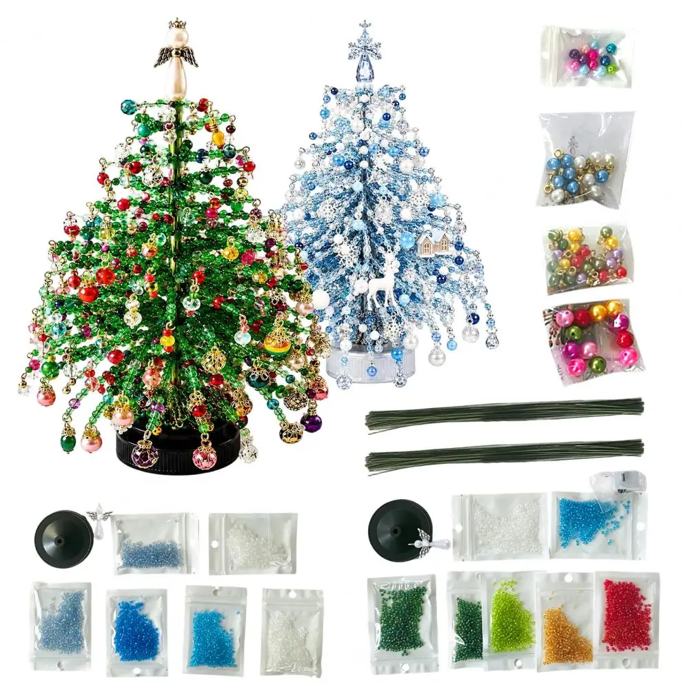 2 Pcs DIY Beaded Christmas Tree Kit with LED Light, Handmade Sparkly Holiday Desk Decoration for Tabletop
