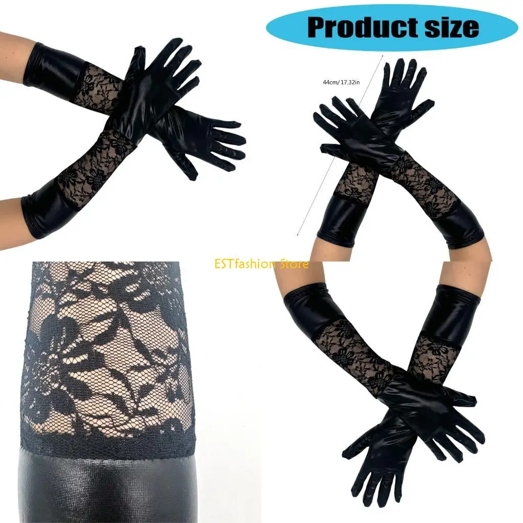 

Y5GC Black Elbow Length Gloves,Long Faux Leather Lace Splicing Gloves for Halloween