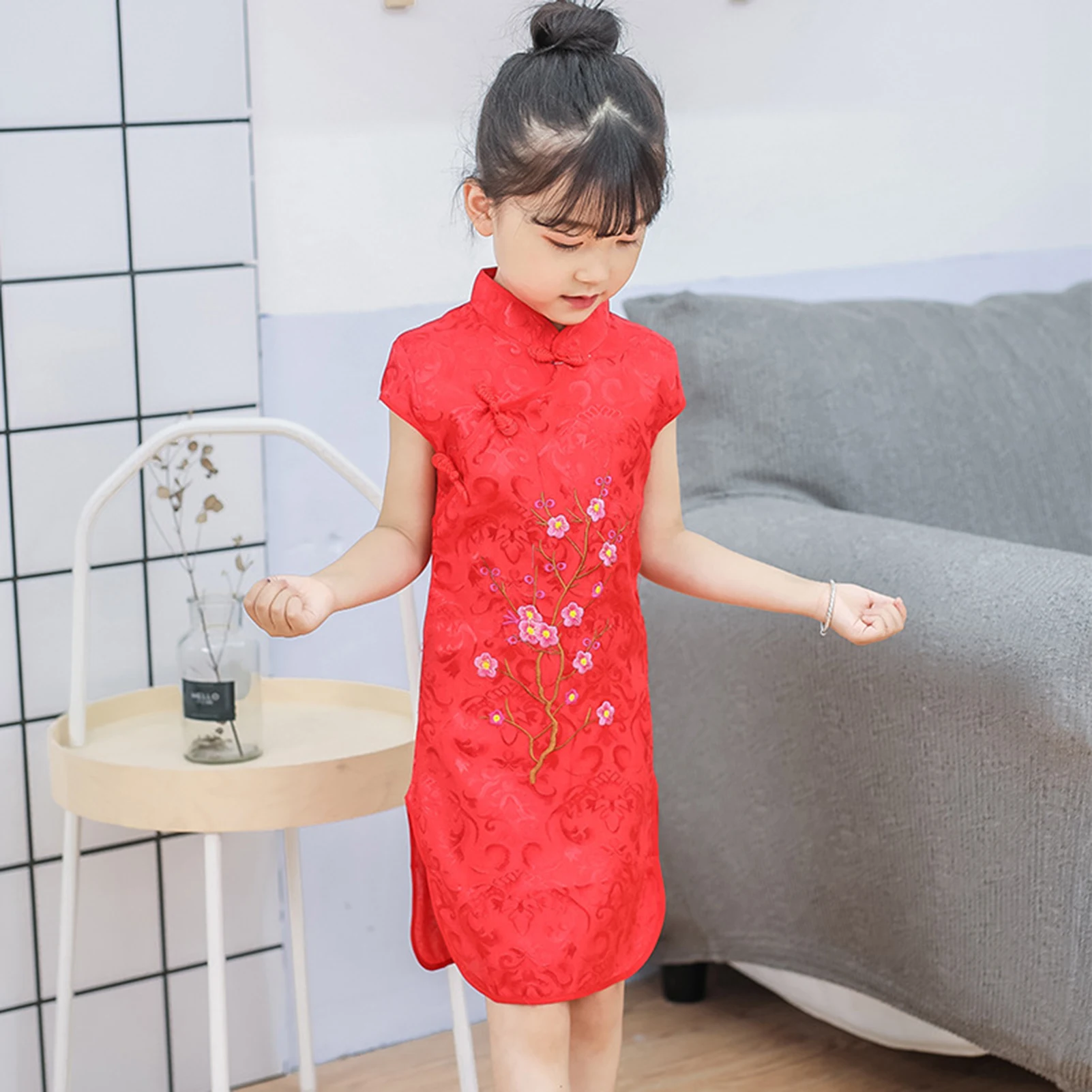 New Year Kids Cheongsam Plum  Embroidery Princess Dress for Kids Girls Daily Casual