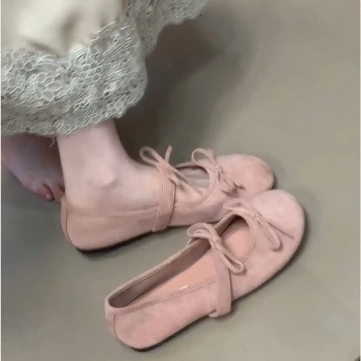 Women Suede Bow Mary Jane Flats Round Toe One Strap Soft Flat Shoes Sweet Vintage Daily Party Ballet Dress Shoes