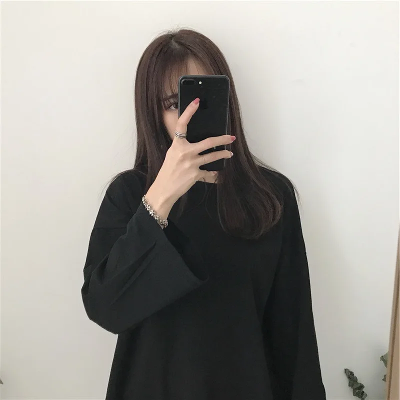 Women's Version of The New Solid Color Round Neck Long-sleeved T-shirt Female Loose Versatile Bottoming Shirt Tops