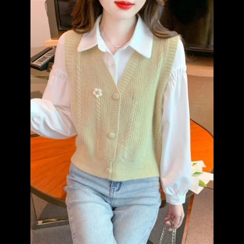 

Ele Knitted Cardigan irt Two-Piece Set Autumn Ladies Faion Dr Jaet Outerwear Tee-acetate Fiber Loose Fit