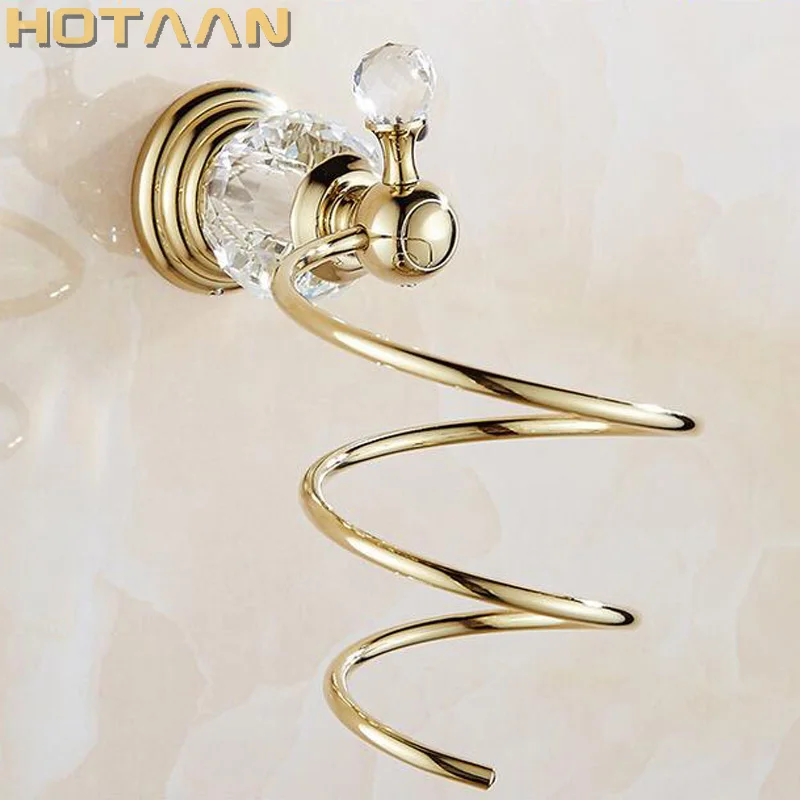 gold Crystal Bathroom Wall Shelf Wall-mounted Hair Dryer Rack Storage Hairdryer Support Holder Spiral Stand Holder YT-12899