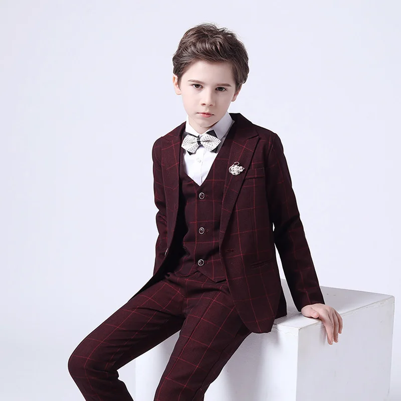 Fashion Boy Formal Suit Kids Quality Plaid Tuxedo Wedding Set Teenager Child Blazer Bowtie Pants Shirt Party Performance Costume