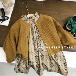 Korean Spring Autumn Children Girl 2PCS Clothes Set Solid Knitted Cardigan Sweater National Floral Print Dress Baby Girl Outfits