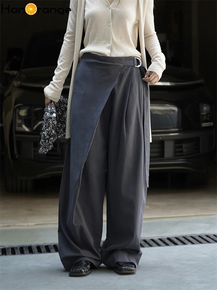 HanOrange 2025 Jesienna Moda Retro Spodnie z Paskiem na Boku w Talii Damskie Luźne Spodnie Ciemnoszare/Zielone Wojskowe