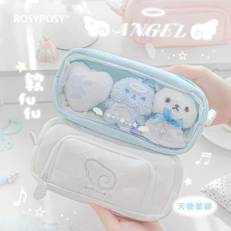 Hot ROSYPOSY Angel's Dream besticktes Federmäppchen mit niedlichem milchfarbenem Engelsdesign, Schule, Schreibwaren, Tasche, Bürobedarf