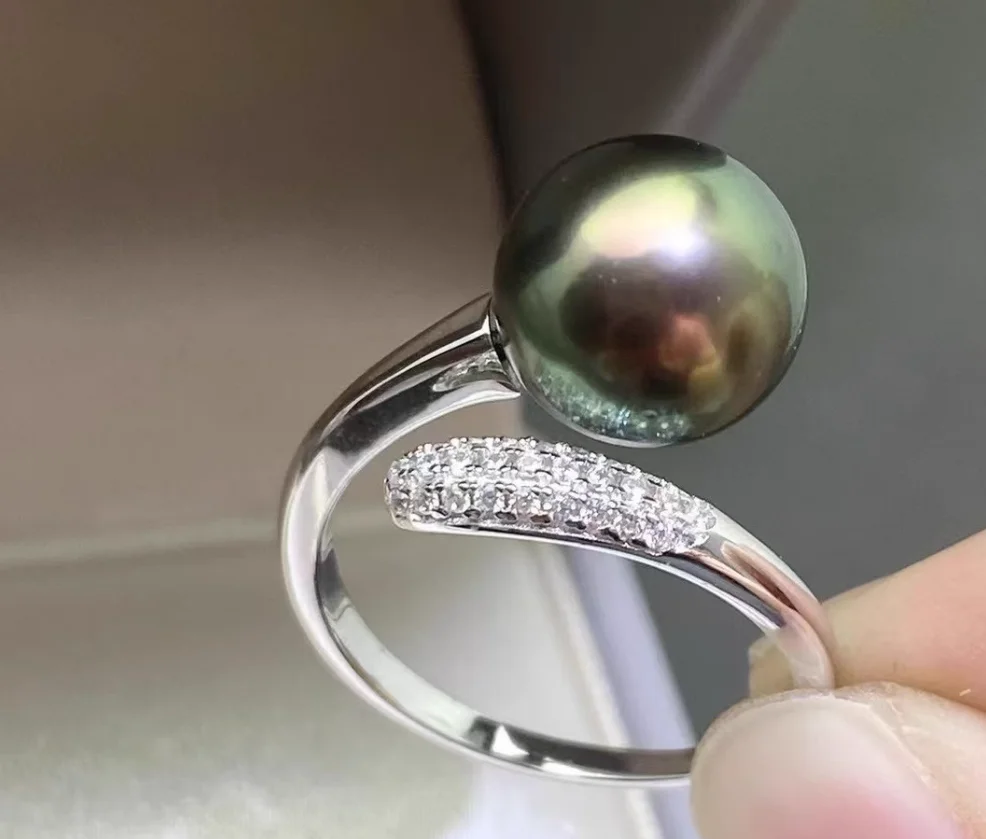 ضخمة AAAA 11-12 ملم جولة الطبيعية جنوب البحر خاتم اللؤلؤ الأسود 925S