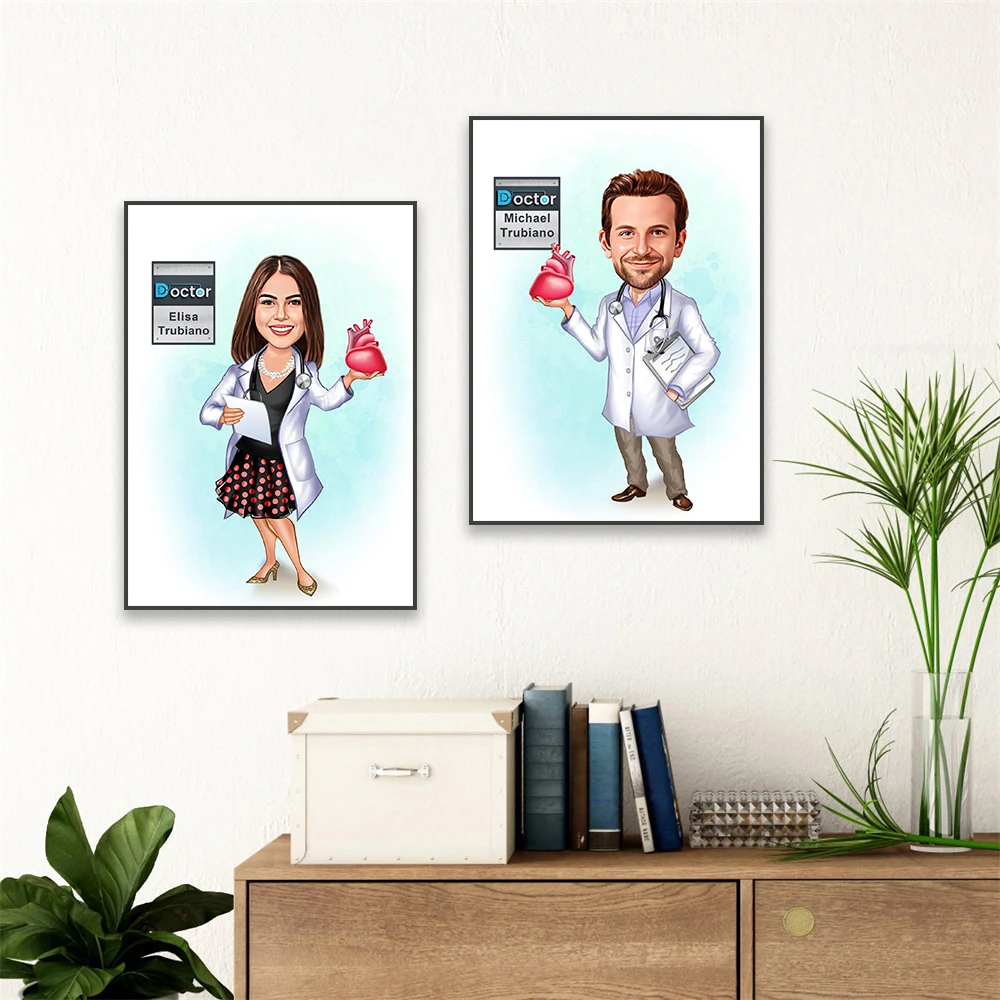 Custom Male Cardiologist Poster Personalized Heart Doctor Gift Cartoon Portrait Prints Custom Caricature Canvas Painting