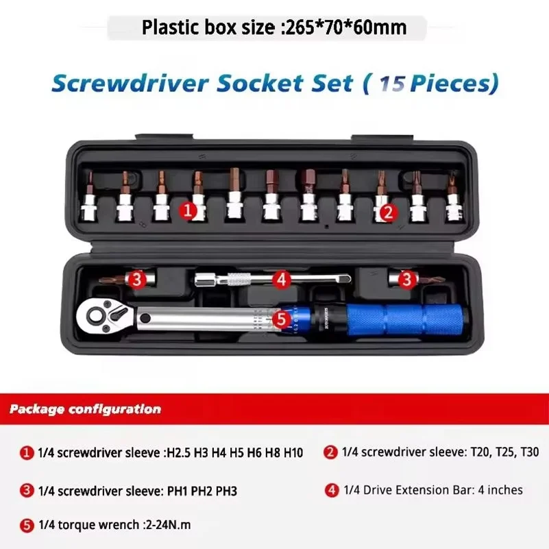 16PCS Bike Torque Wrench Set 1-25Nm Pre-set Precision Ratchet Tool for Road Bicycle Small Flywheel Repair with Case