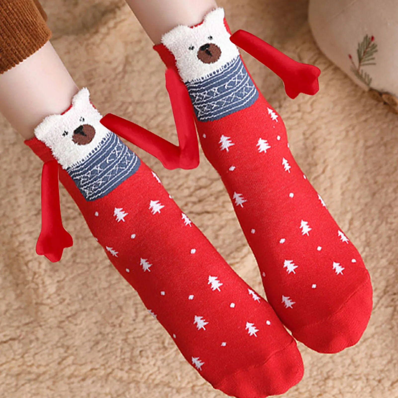 Christmas Hand Holding Socks Magnetic Suction 3D Doll Socks Novelty Cute Xmas Socks for Women Friends Couples