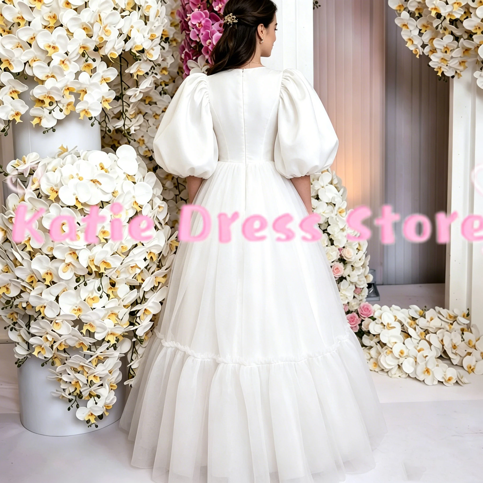 Maßgeschneidertes elegantes Blumenmädchenkleid mit halben Ärmeln, bauschig, bodenlang, für Hochzeit, Kindergeburtstag, Erstkommunion, Ballkleider