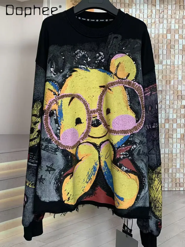 

Trendy Brand Autumn Washed Cotton Glasses Age-Reducing Fashion Cartoon Loose Oversized Crew Neck Sweatshirt Women's Top