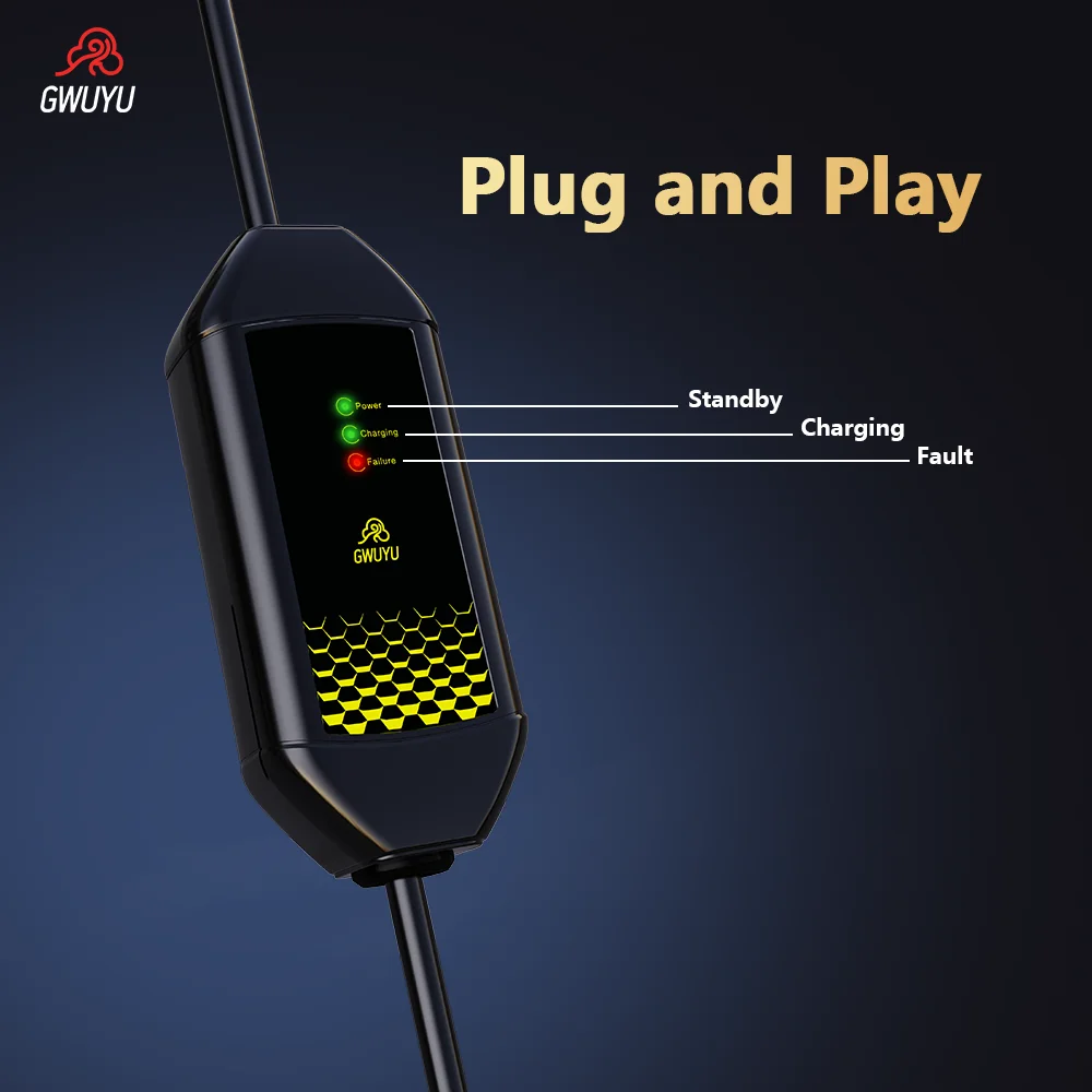 EV Portable Charger GWUYU M62 7.6KW 32A 3.5KW 16A 220V Type 2 IEC62196-2 Indicator Light 3.5m Cable Electric Vehicle Car Charger