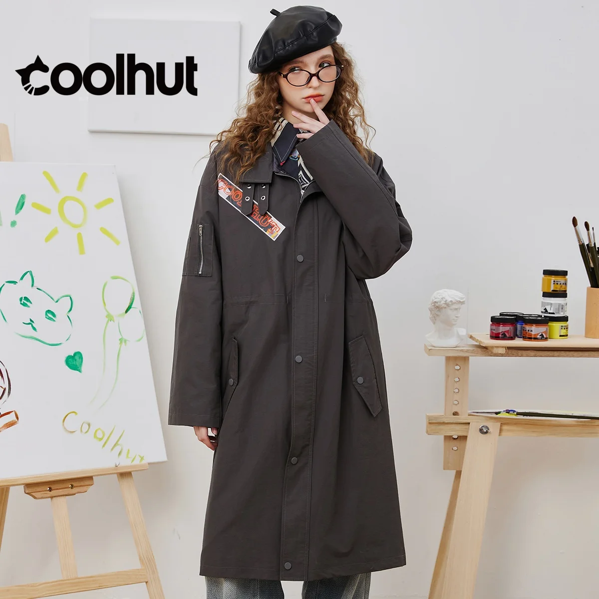 COOLHUT 여성용 2025 아메리칸 칼리지 스타일 트렌치 코트 중간 길이 루즈핏 레터 포켓 더블 지퍼 캐주얼 가을 자켓