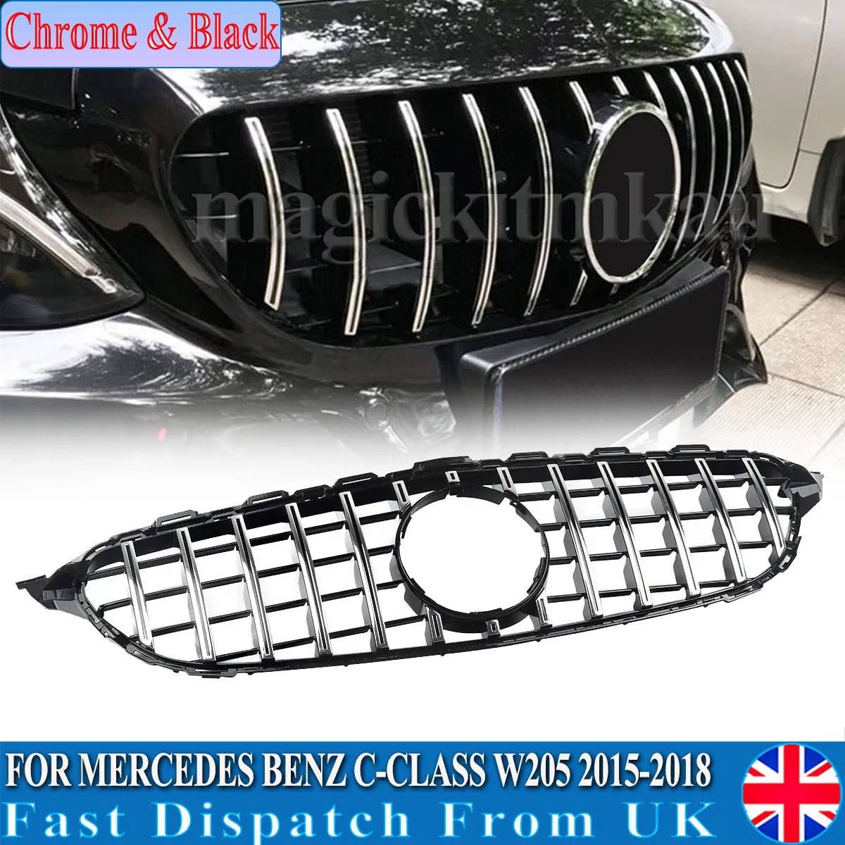 

Для Mercedes-Benz W205, хромированная черная решетка переднего бампера, C250 C300 2015-2018, в стиле GT, гоночная решетка радиатора без отверстия для камеры