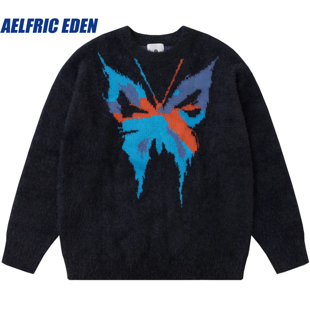 

Aelfric Eden Butterfly Black Mohair Sweater 2023 Y2K Harajuku Hip Hop Knitted Fluffy Fuzzy Jumper Streetwear Punk Loose Pullover