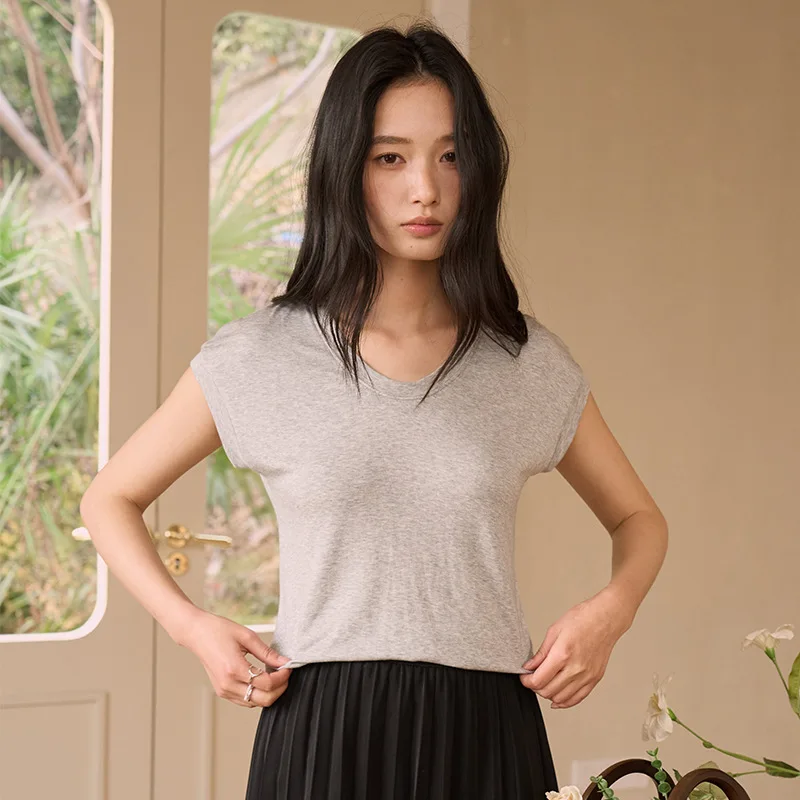 Summer Silk Wool Short Sleeve T-shirt For Women Base Shirt, Slim Fit, Slimming, Drop Shoulder Top