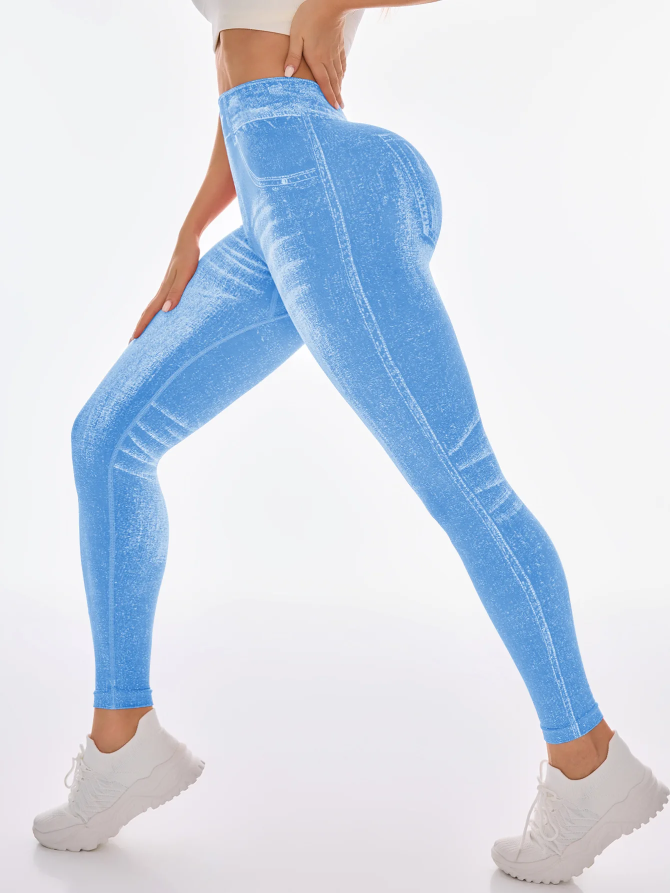 Damen Gym Bedruckte Yoga-Leggings Nahtlose Hochtaillierte Denim-ähnliche Perforierte Hosen mit Fake-Taschen Yoga Fitness Leggings – Detail 9