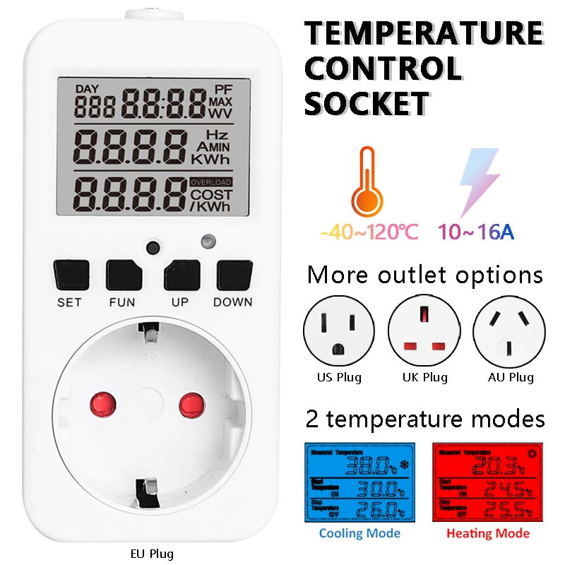 16A AC 110V~230V Thermostat Digital Temperature Controller Socket Outlet With Timer Switch Sensor Probe Heating Cooling Charger