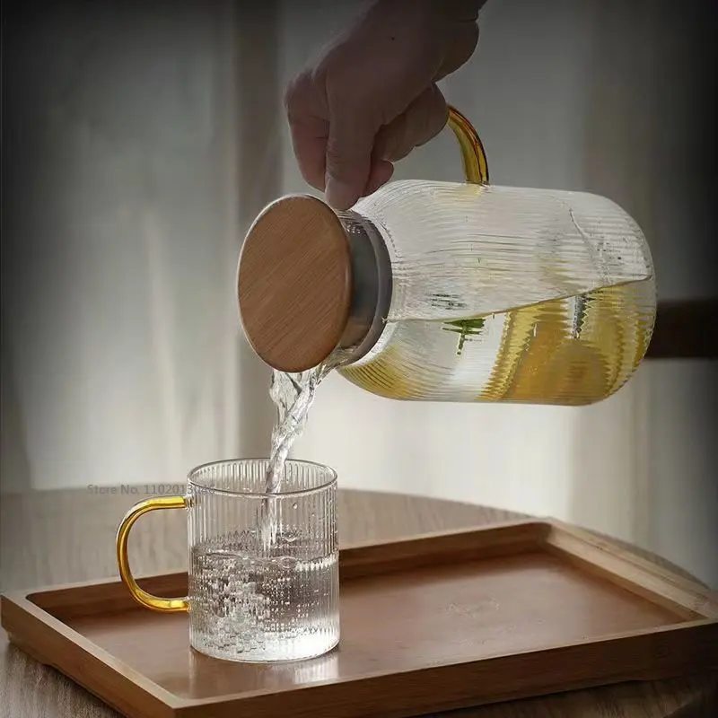 1500ml Glass Water Pitcher With Handle Bamboo Lid Heat Resisttant Cold Hot Kettle Large-capacity Tea Pitcher Water Juice Jug Cup