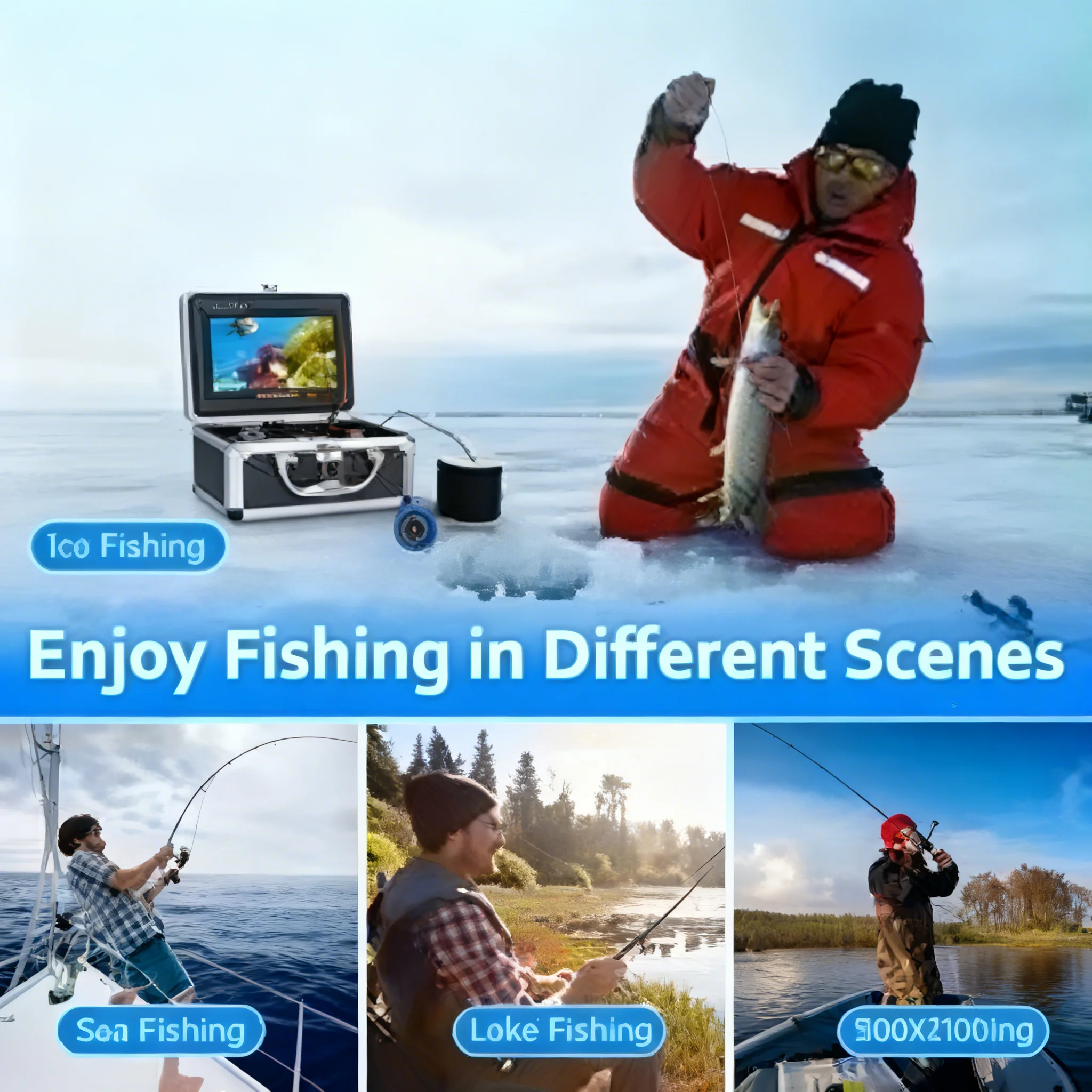 كاميرا صيد تحت الماء - شاشة 7 بوصة، 15 مصباح LED أبيض و15 مصباحًا بالأشعة تحت الحمراء، بطارية 4500AH لصيد الجليد/البحر/النهر