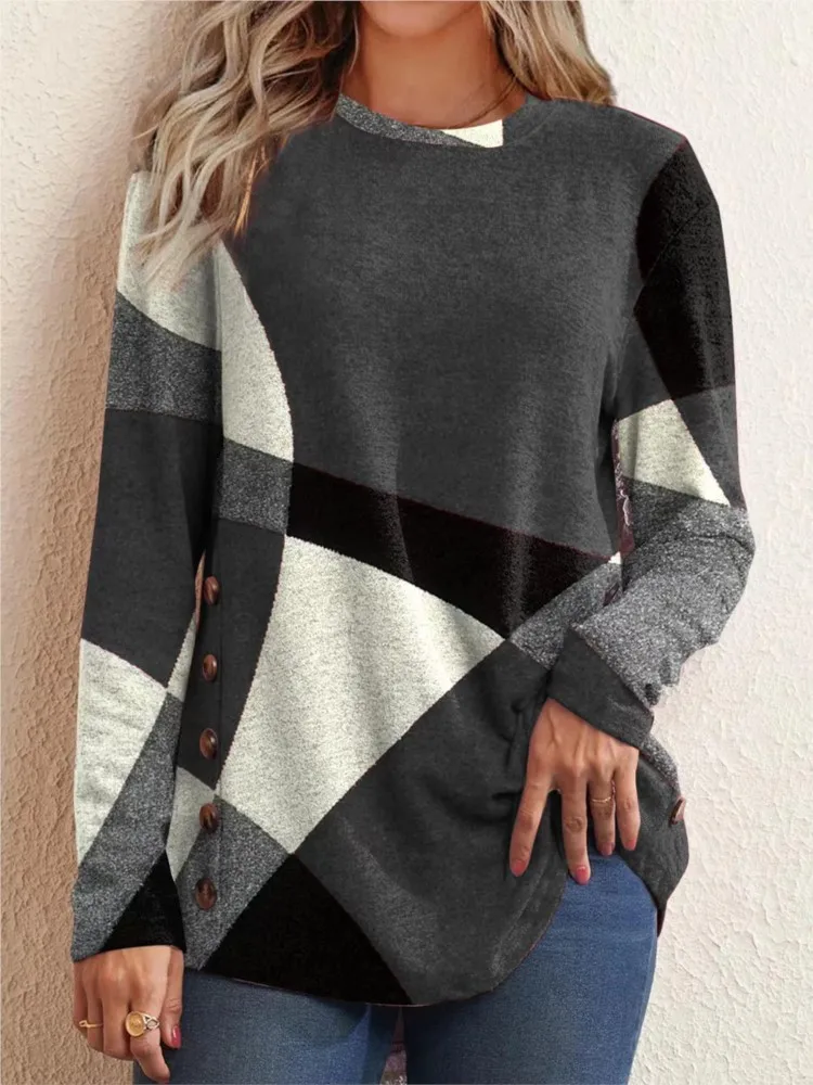 

Spring Autumn Tee Shirts For Ladies Printed New O-neck Long Sleeve Buttons Casual Slim Vintage Commuting Women Pullover Top 2024