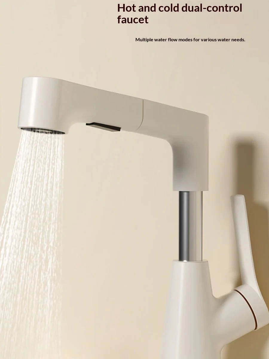 Hair Washing Bathroom Faucet, Pull Out Liftable 360° Rotatable Mixer Tap, 2 Modes Spray White Modern Basin Sink Tap for Bathroom